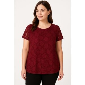 Always Indigo Burgundy Floral Lace Pattern Short Sleeves‎ Round Neck Top XL